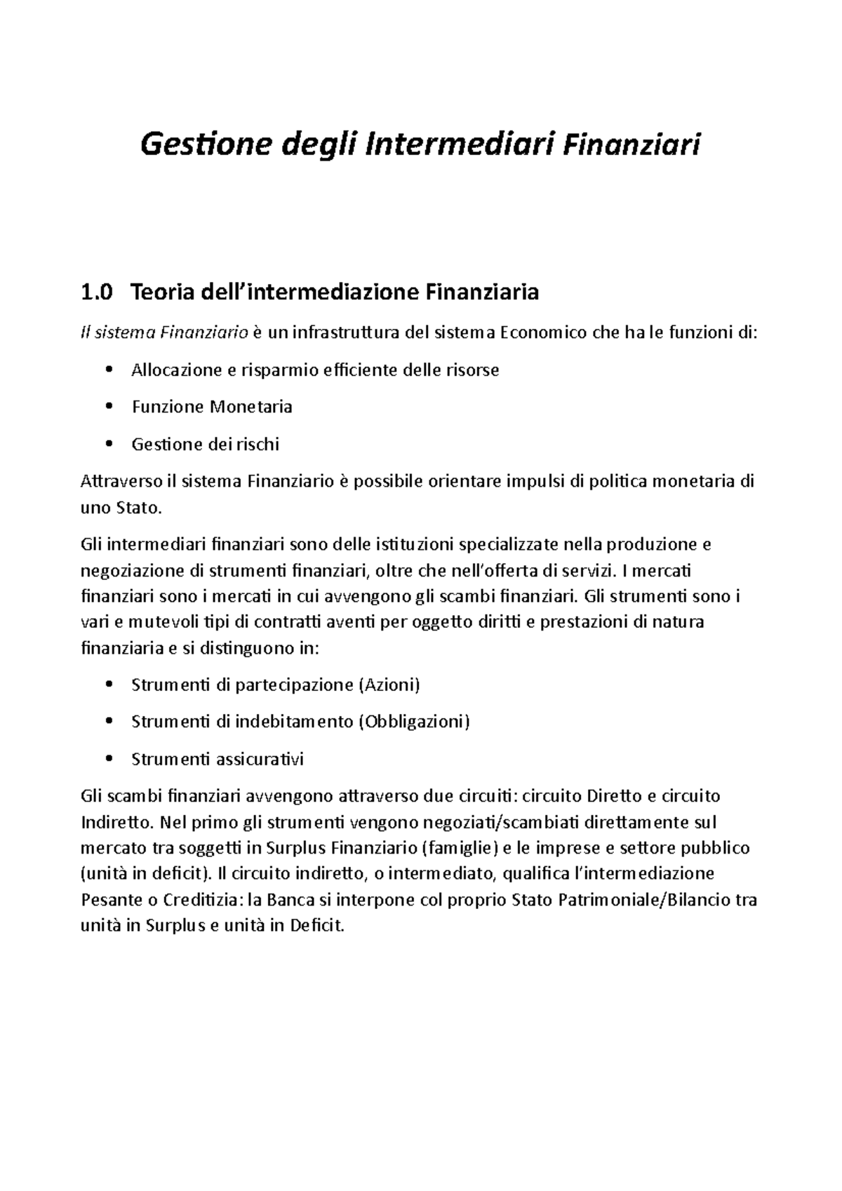 Gestione degli Intermediari Finanziari Gli intermediari