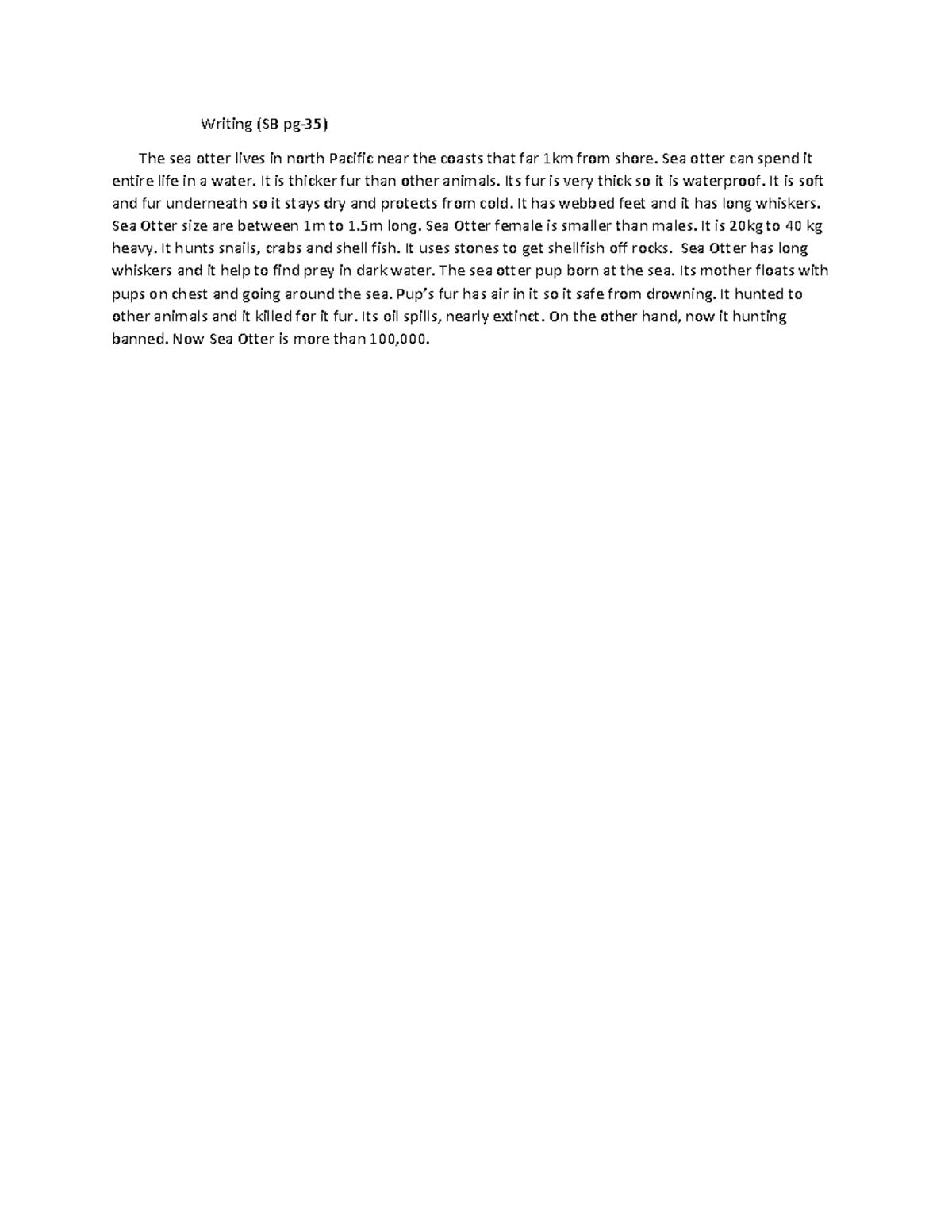 Writing - nothing - Writing (SB pg-35) The sea otter lives in north ...