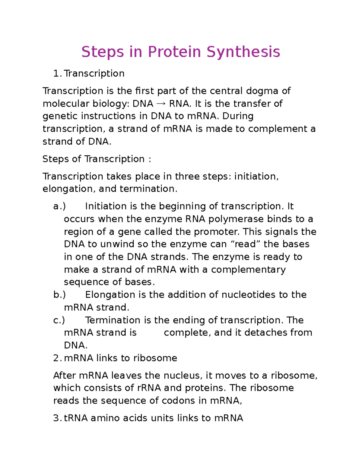 Science Notes Third Quarter - Steps in Protein Synthesis Transcription ...