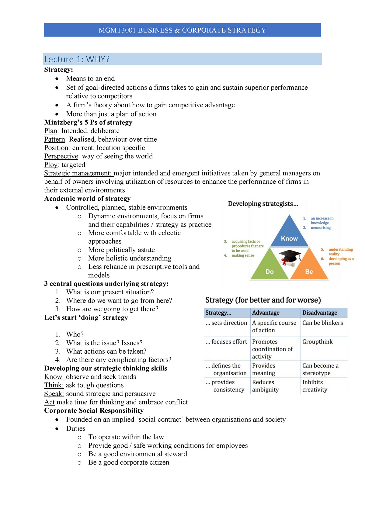 Mgmt3001 Lecture 1-4 Notes - Lecture 1: WHY? Strategy: - Means To An ...