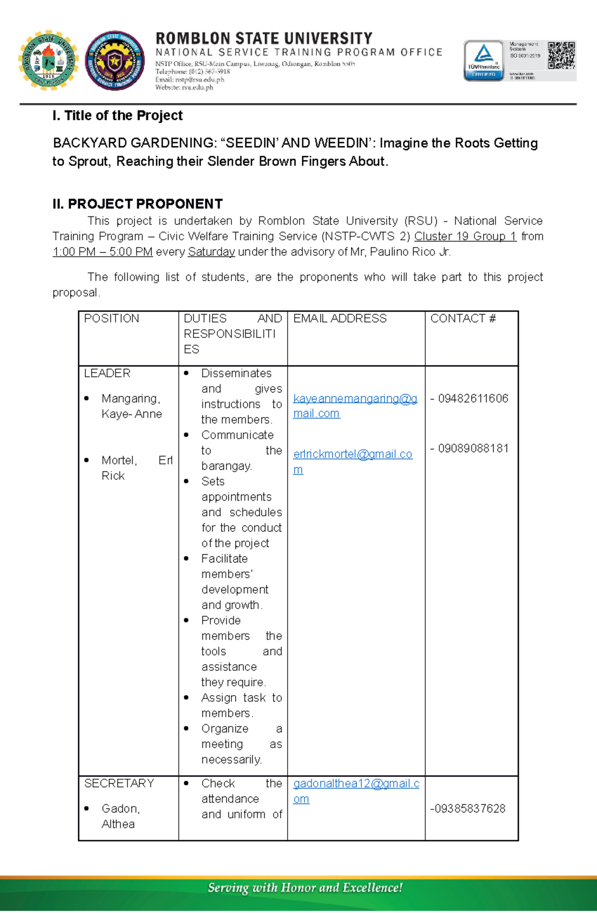 Project Proposal, NSTP Cluster 19 Group 1 I. Title of the Project