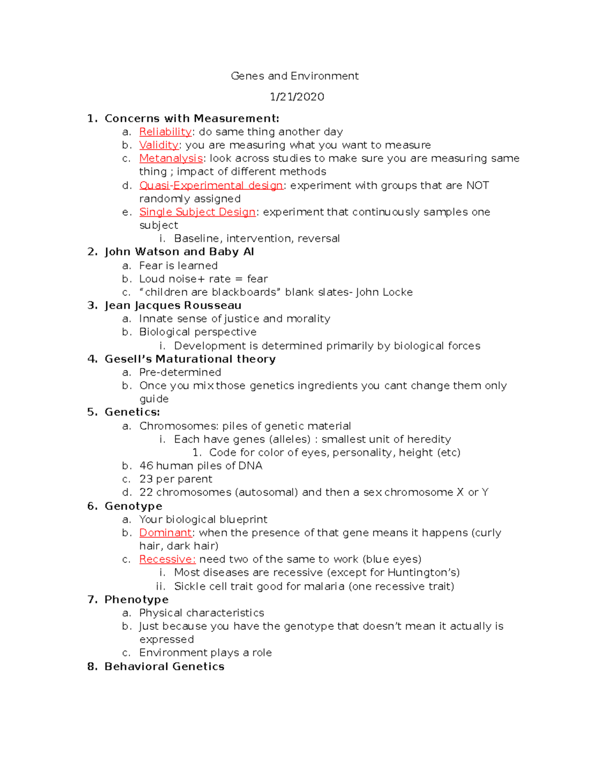 Chapter 2 Genetics - Lecture notes 2 - Genes and Environment 1/21 ...