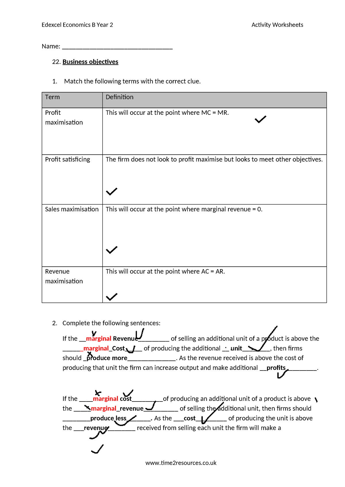 Marginal costs and revenues worksheet - Edexcel Economics B Year 2 ...