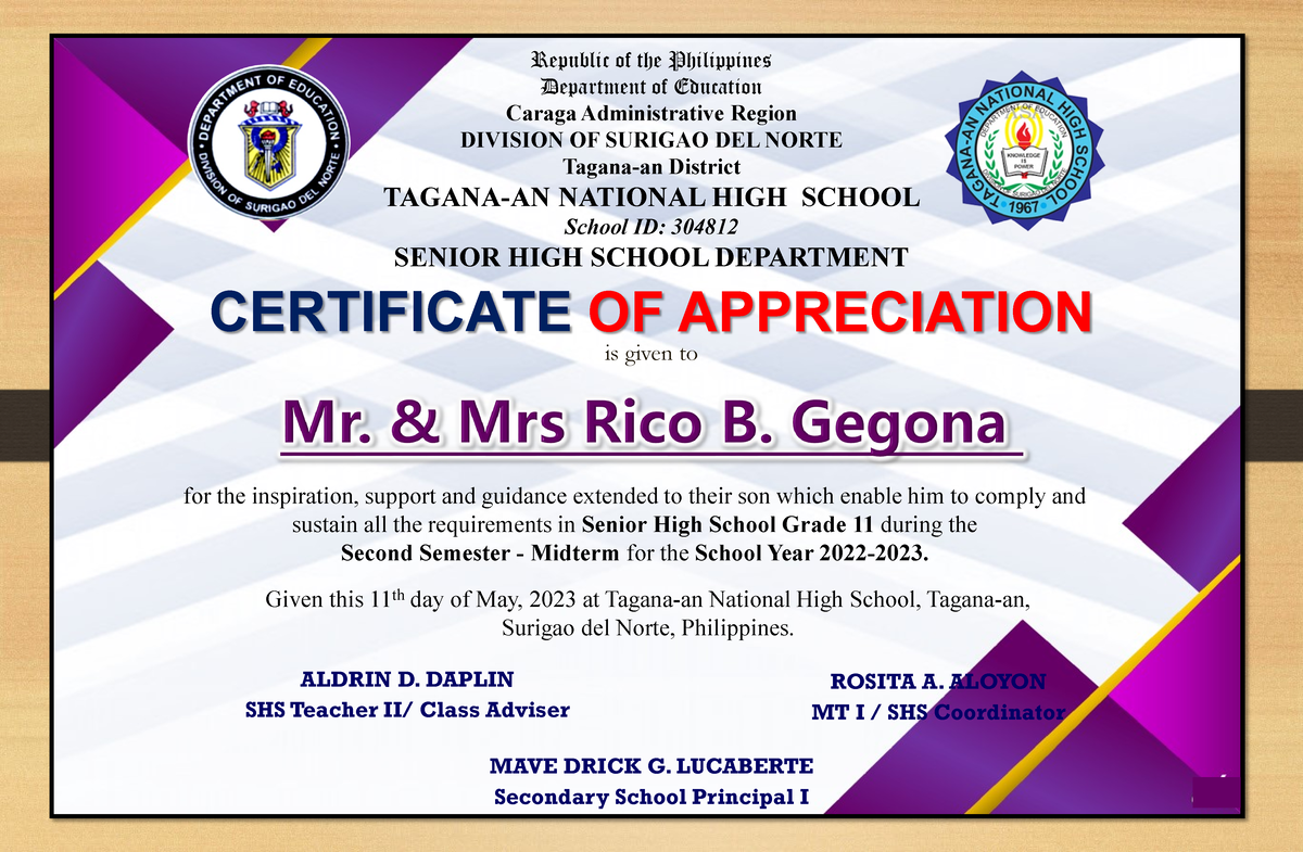 Certificates Recognition Grade 11 3RD Quarter Parents - Republic of the ...