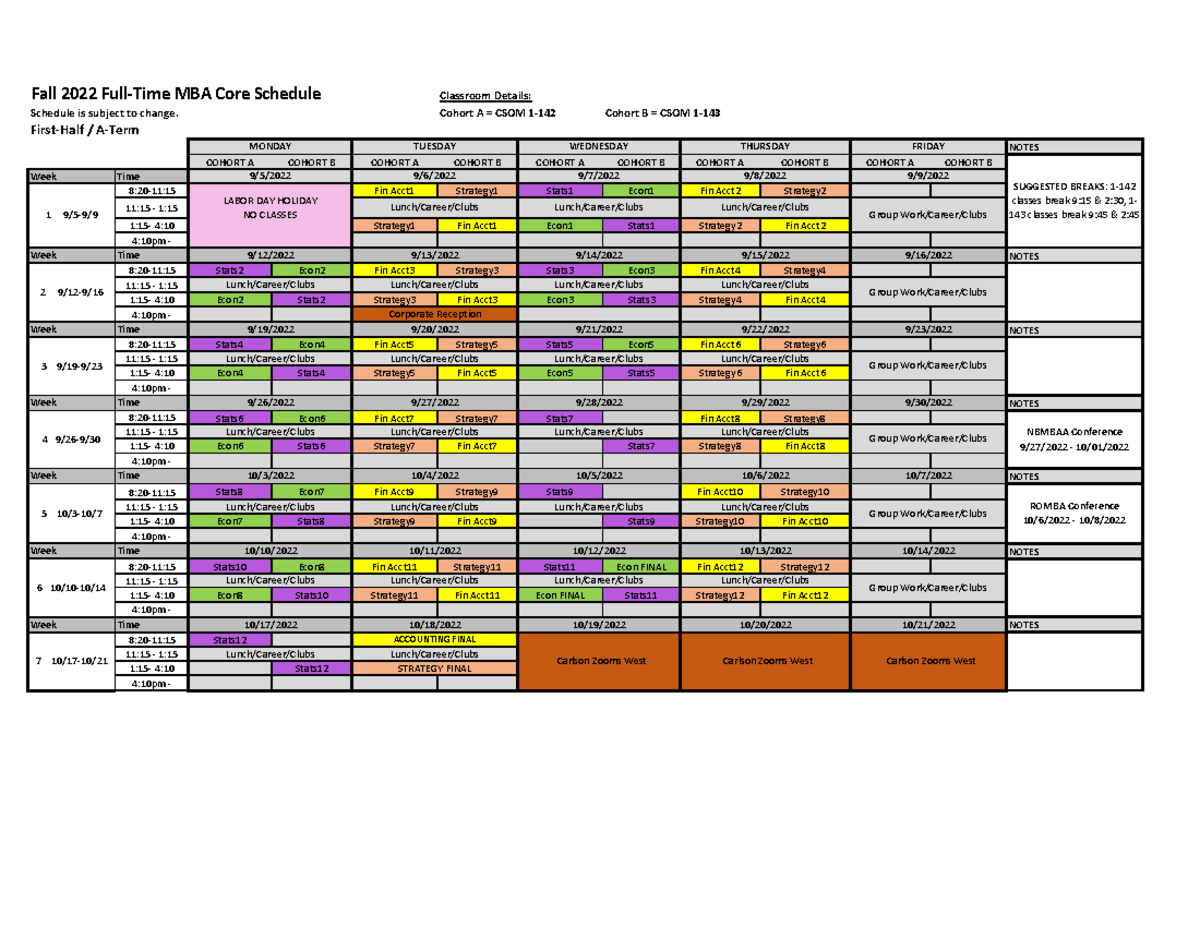 F22 FT MBA Core Schedule - Fall 2022 Full-Time MBA Core Schedule ...