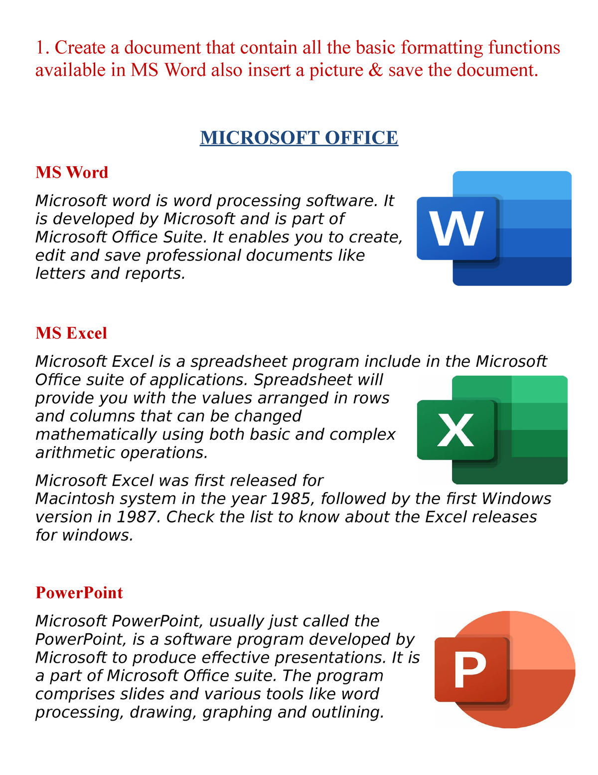 Microsoft Office - Good material for study - 1. Create a document that  contain all the basic - Studocu