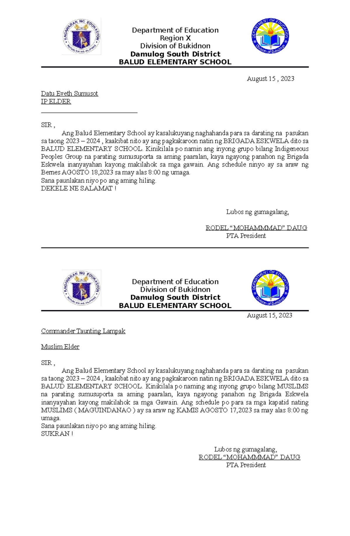 TRI People Communication Letter Department of Education Region X
