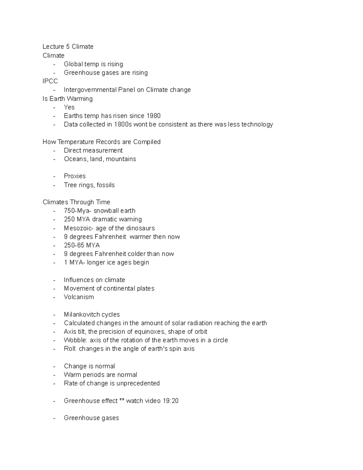 Sustain Quiz 2 notes - Lecture 5 Climate Climate - Global temp is ...