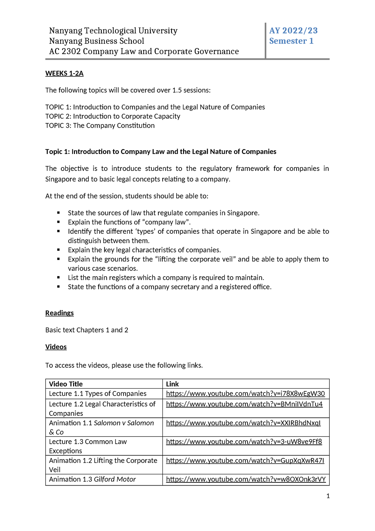 Claw Topics 1-3 nature of co, corp capacity, consti - Nanyang Business ...