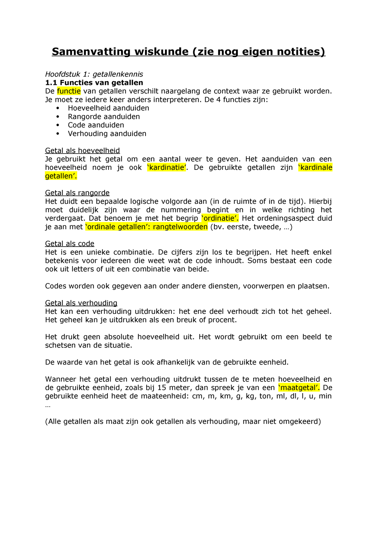 Samenvatting Wiskunde Getallenkennis - Samenvatting Wiskunde (Zie Nog Eigen  Notities) Hoofdstuk 1: - Studocu