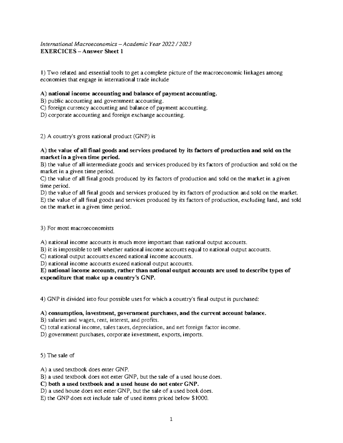 Exercices - Answer Sheet 1 - International Macroeconomics – Academic ...