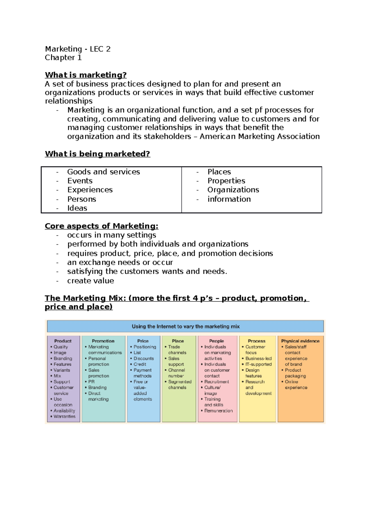 Marketing - LEC 2, Chapter 1 - create value The Marketing Mix: (more ...