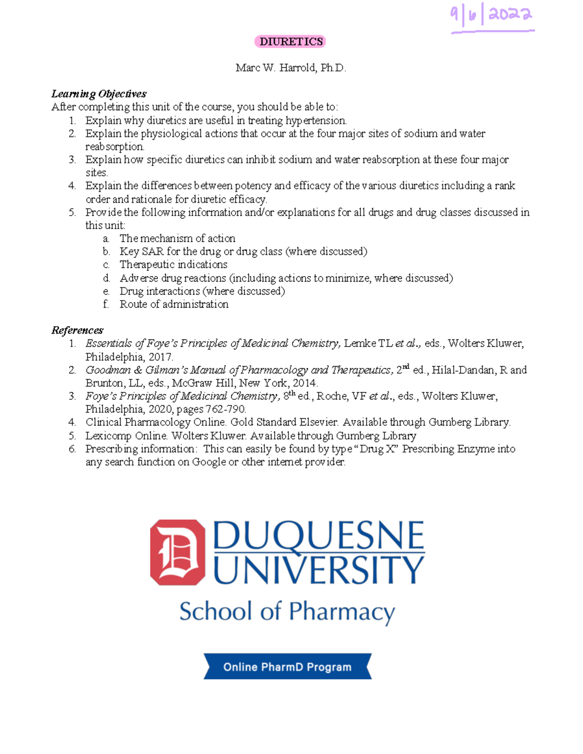 diuretics- lecture notes - DIURETICS Marc W. Harrold, Ph. Learning ...