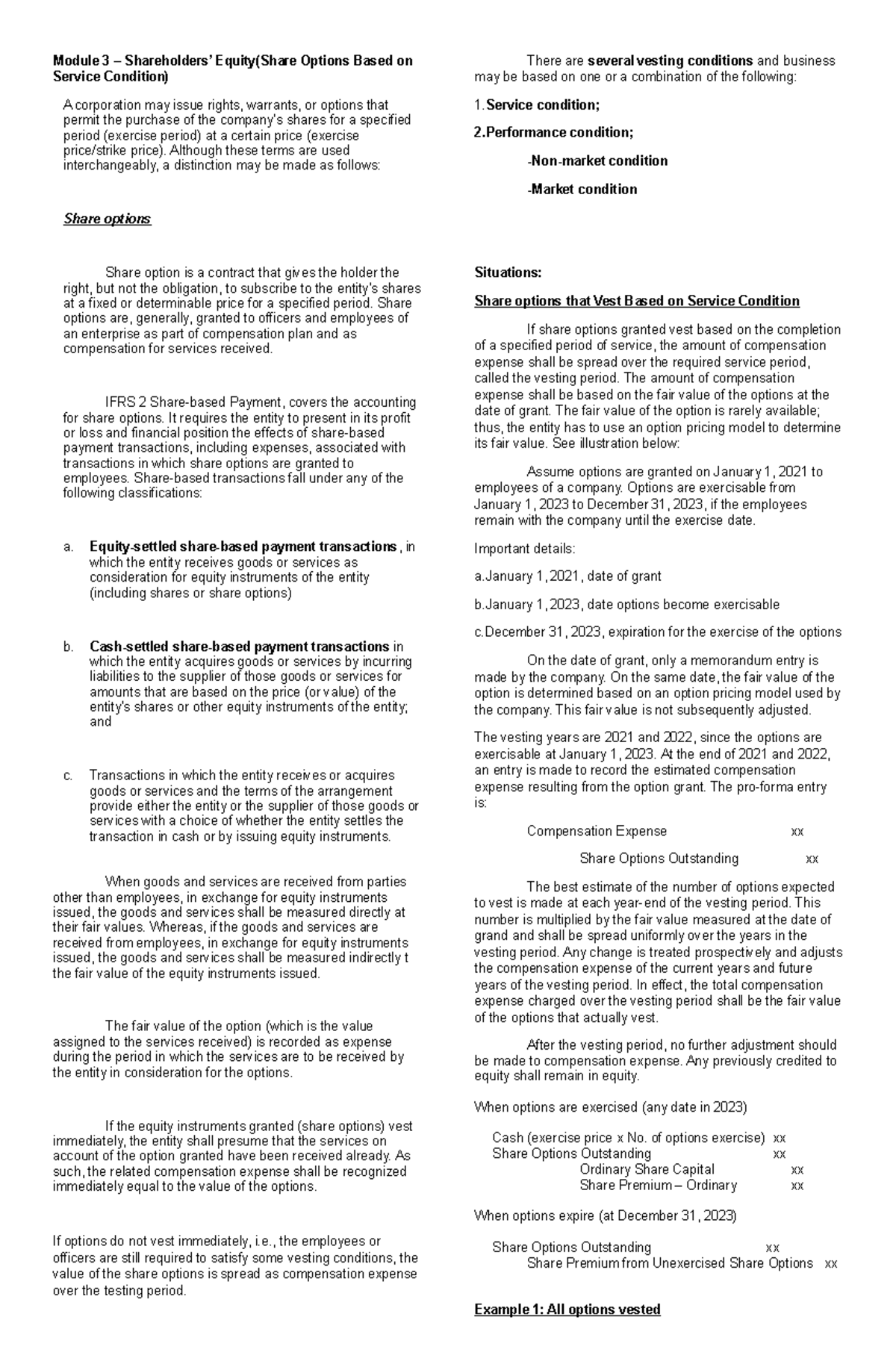 Module 3 intacc - Module 3 – Shareholders’ Equity(Share Options Based ...