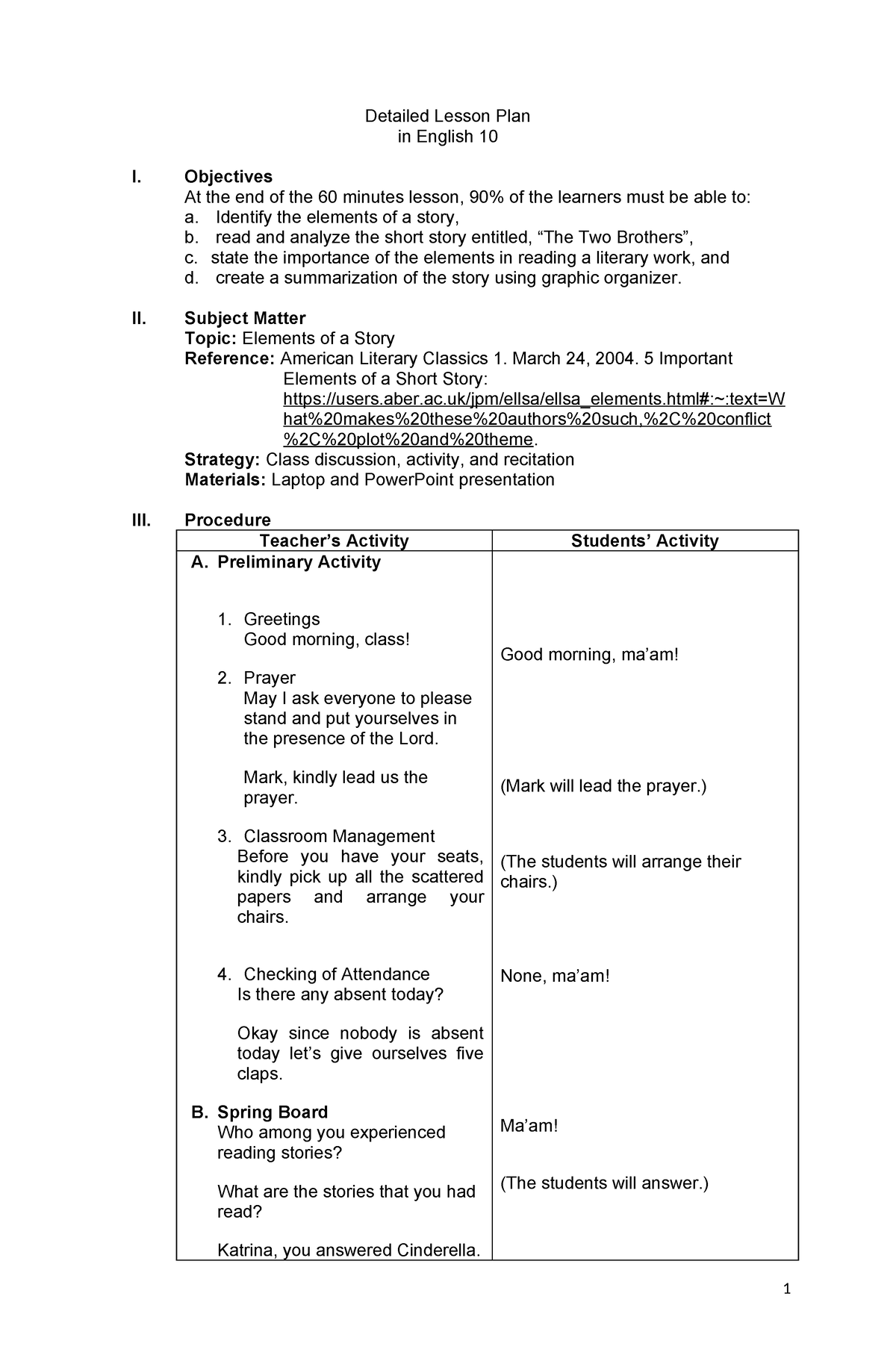 DLP Elements of story critique NC DEMO - Detailed Lesson Plan in ...