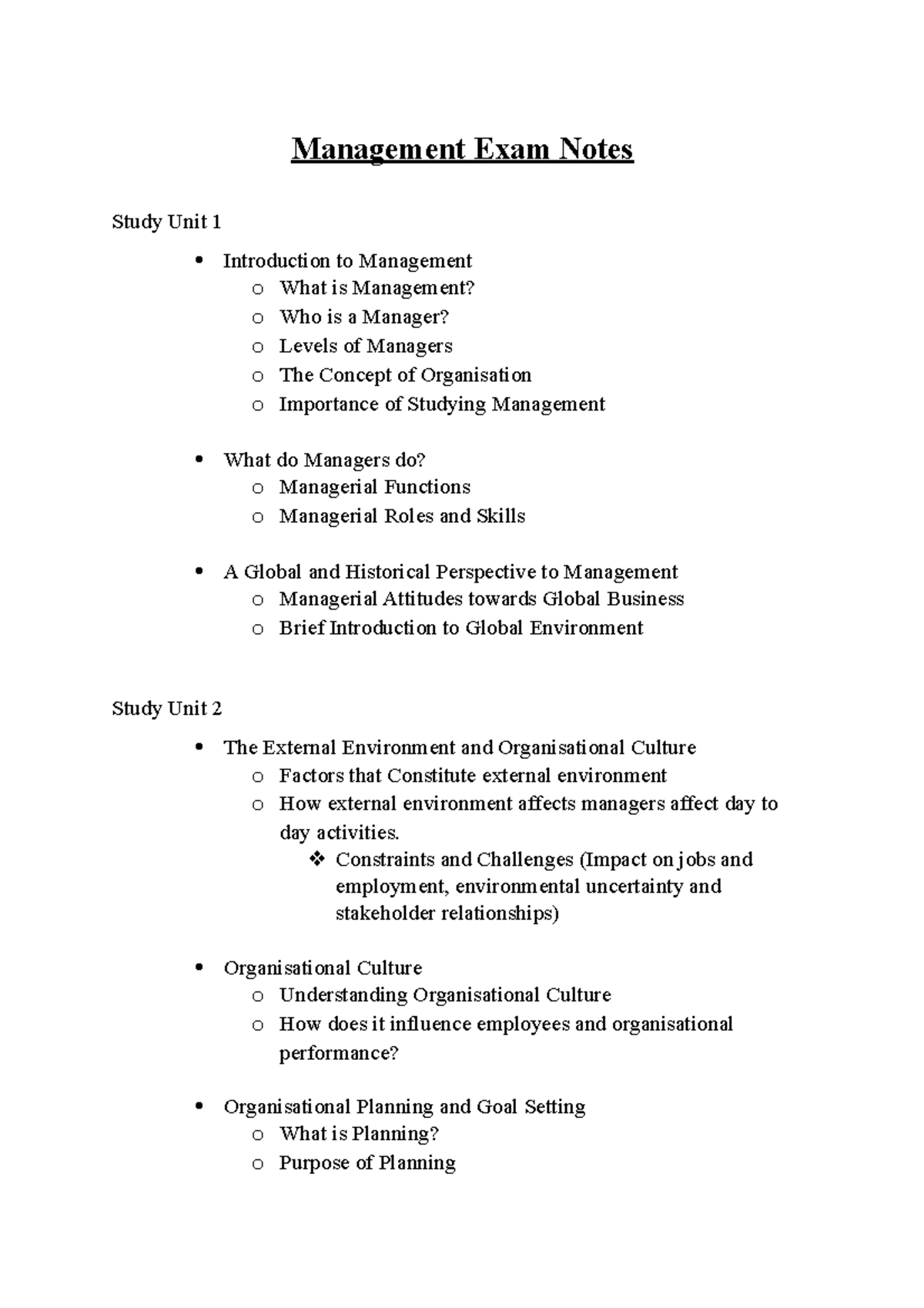 Management Exam Notes - Management Exam Notes Study Unit 1 Introduction ...