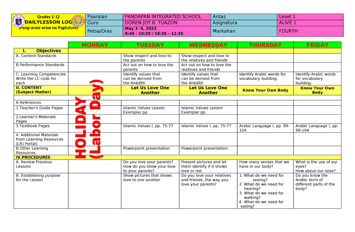 Alive 1 DLL 2023- 4th - Grades 1- DAILYLESSON LOG (Pang-araw-araw na ...