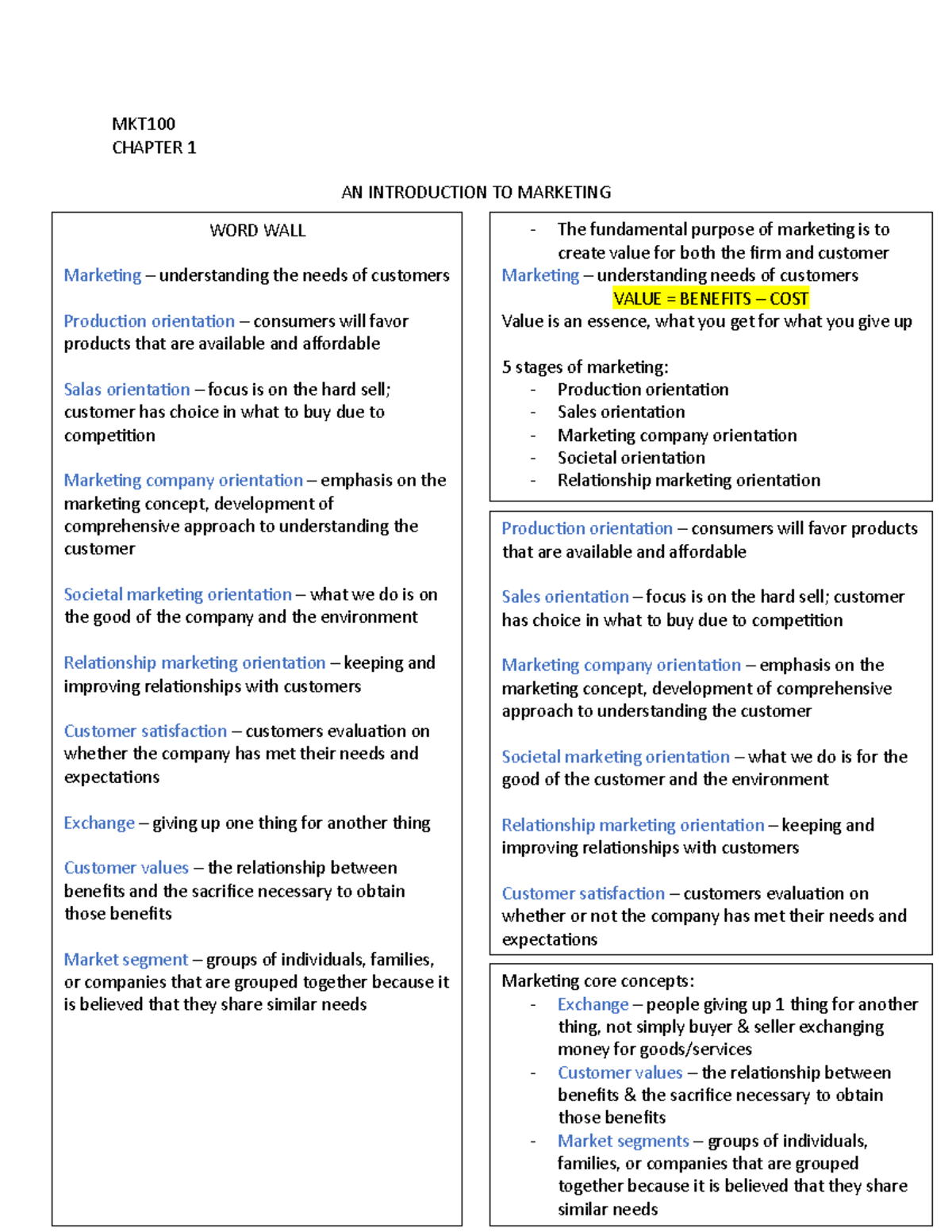 MKT100 Chapter 1notes - MKT CHAPTER 1 AN INTRODUCTION TO MARKETING WORD ...