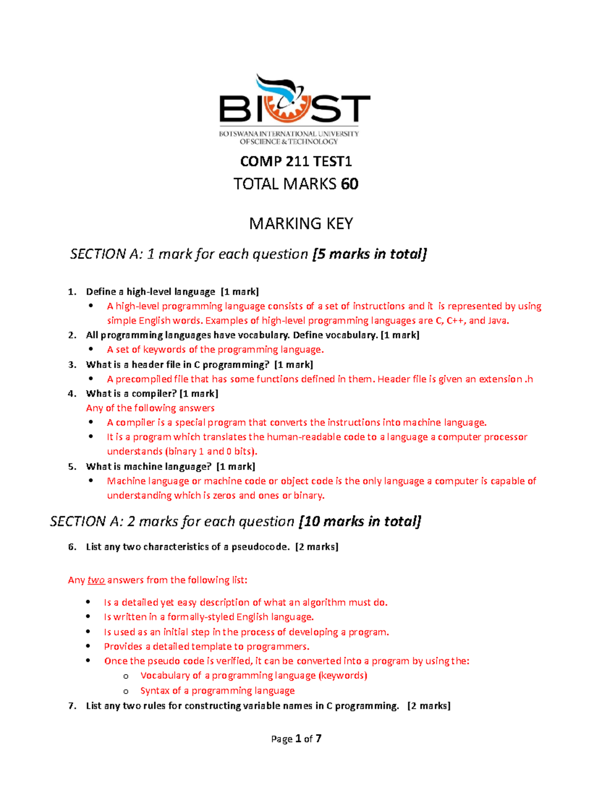 COMP211 TEST1 Oct 2022 Final Marking Key COMP 211 TEST TOTAL MARKS 60 MARKING KEY SECTION A 1