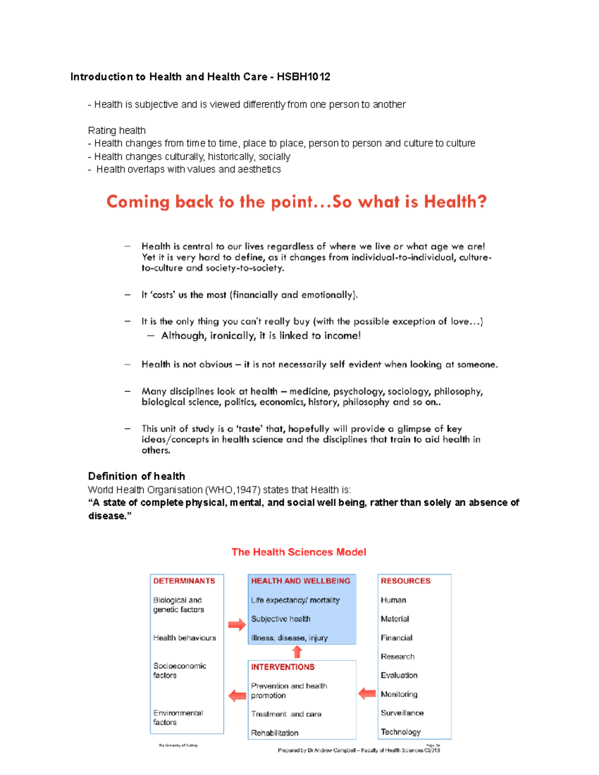 Lecture 1 - Notes - Introduction to Health and Health Care - HSBH1012 ...