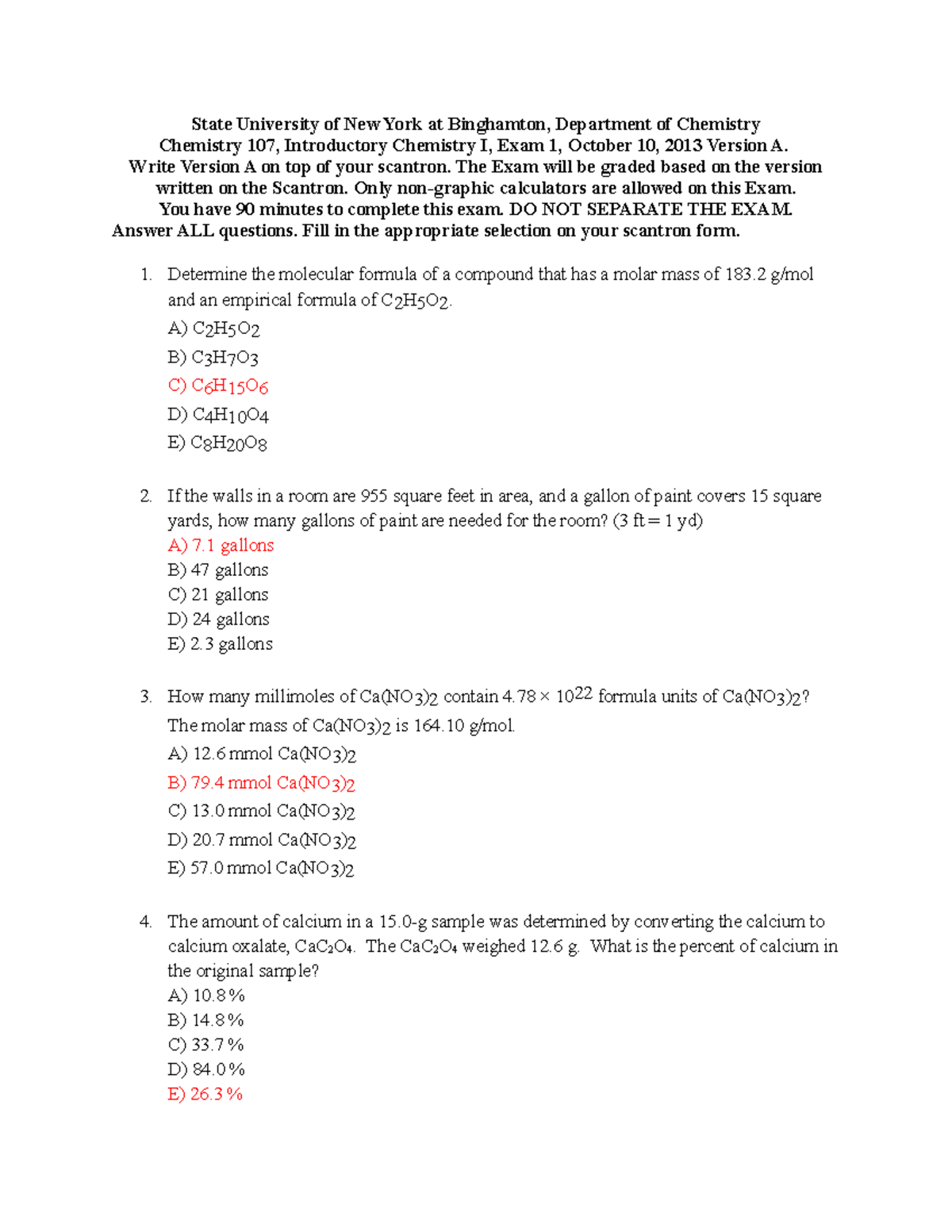 Exam 1 Version A Practice Exam Has Basically The Same Material State University Of New York At Binghamton Department Of Chemistry Chemistry 107 Introductory Studocu