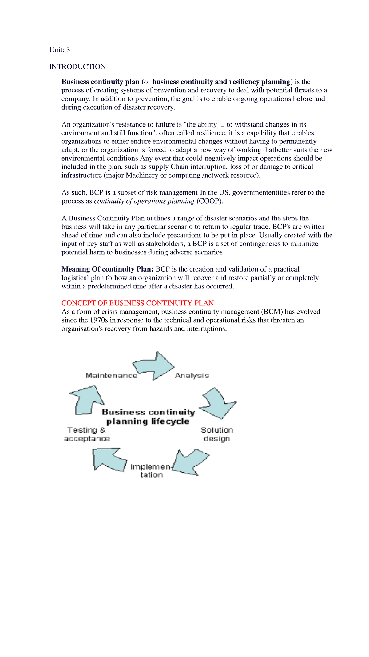 Unit 3 - Business Continuty Plan - Unit: 3 INTRODUCTION Business ...