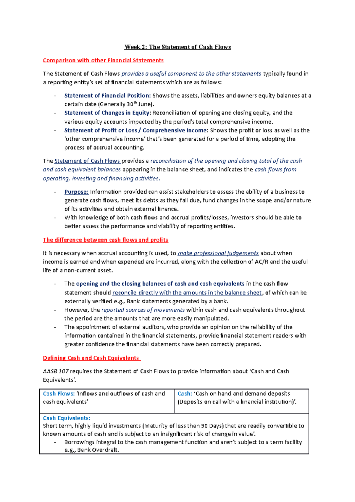 Week 2 notes - Week 2: The Statement of Cash Flows Comparison with ...