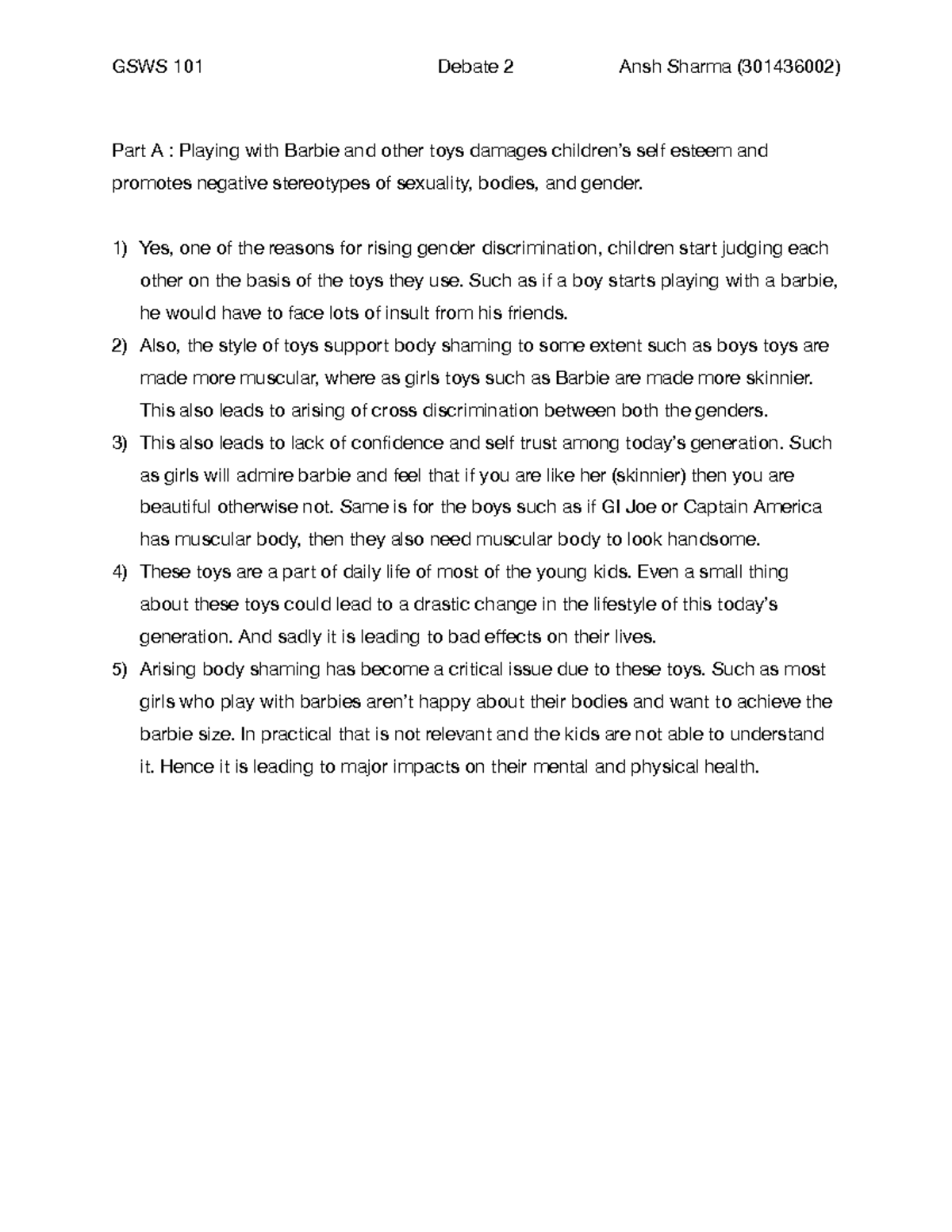 GSWS Debate and lecture material - GSWS 101 Debate 2 Ansh Sharma ...