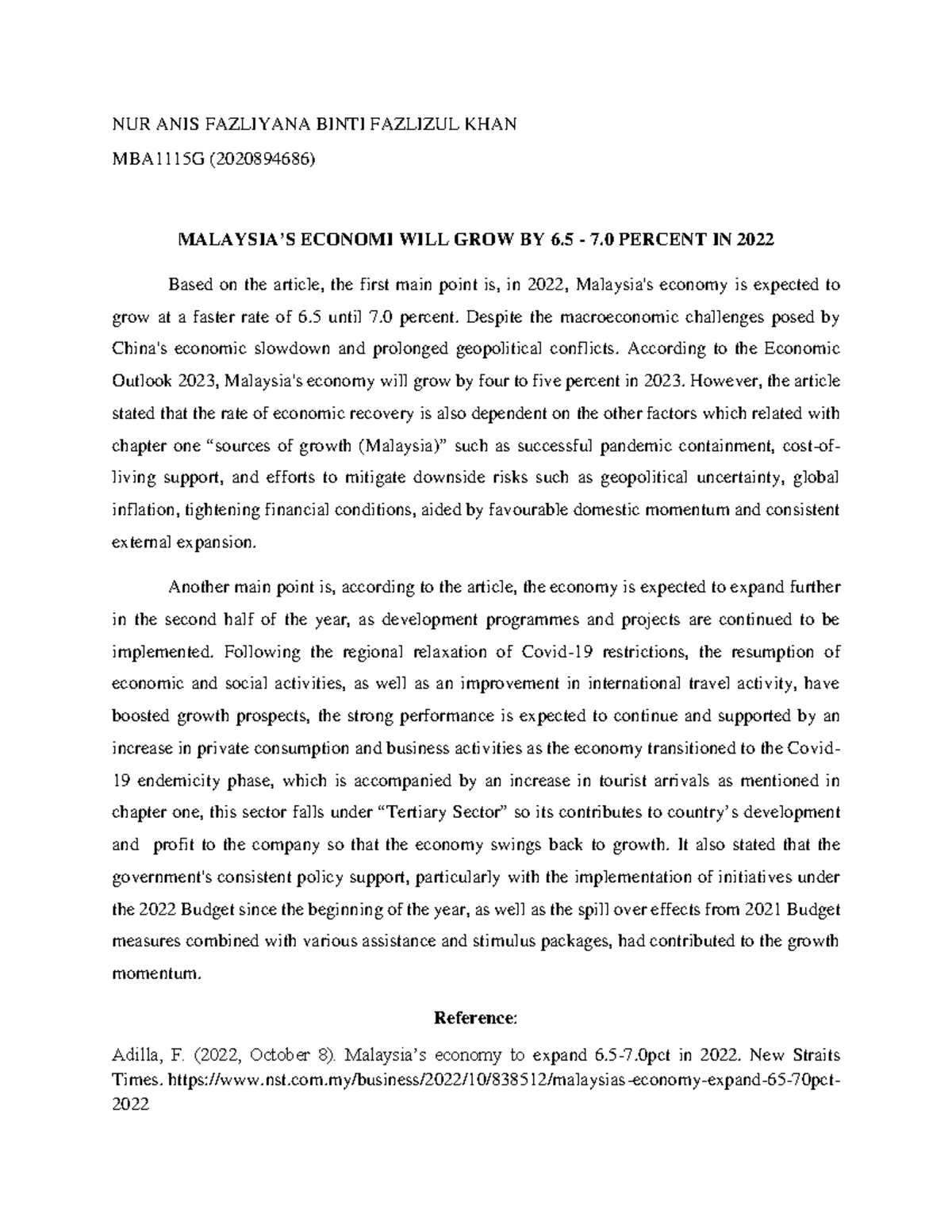case study (article's summary related with chapter 1 eco261) NUR ANIS