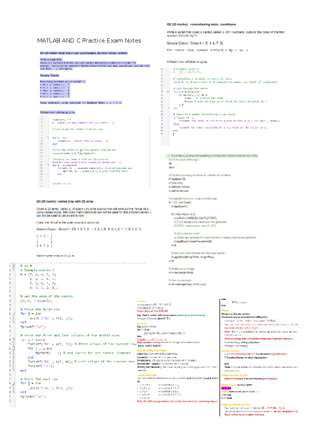 Matlab AND C Practice EXAM Notes - Q2 (20 marks): remembering state ...