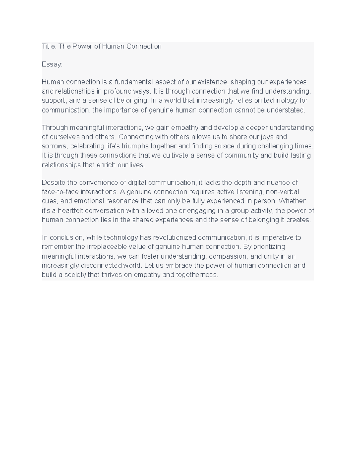 Essay Title The Power of Human Connection Essay Human connection is