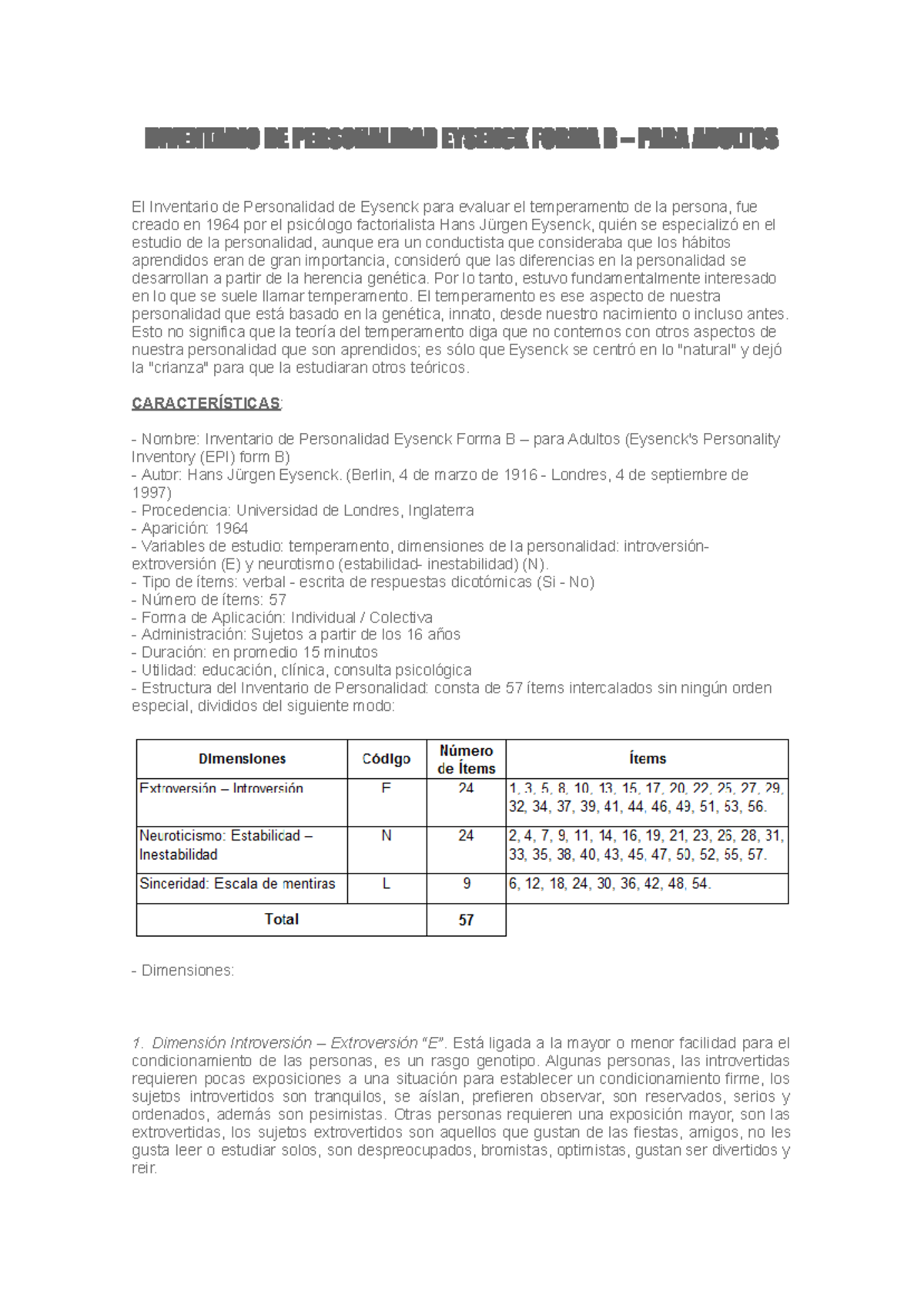 Eysenck Adultos - INVENTARIO DE PERSONALIDAD EYSENCK FORMA B – PARA ...