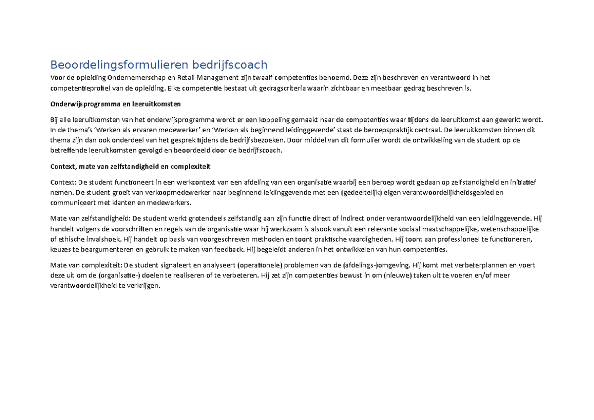 Persoonlijke beoordeling - Beoordelingsformulieren bedrijfscoach Voor