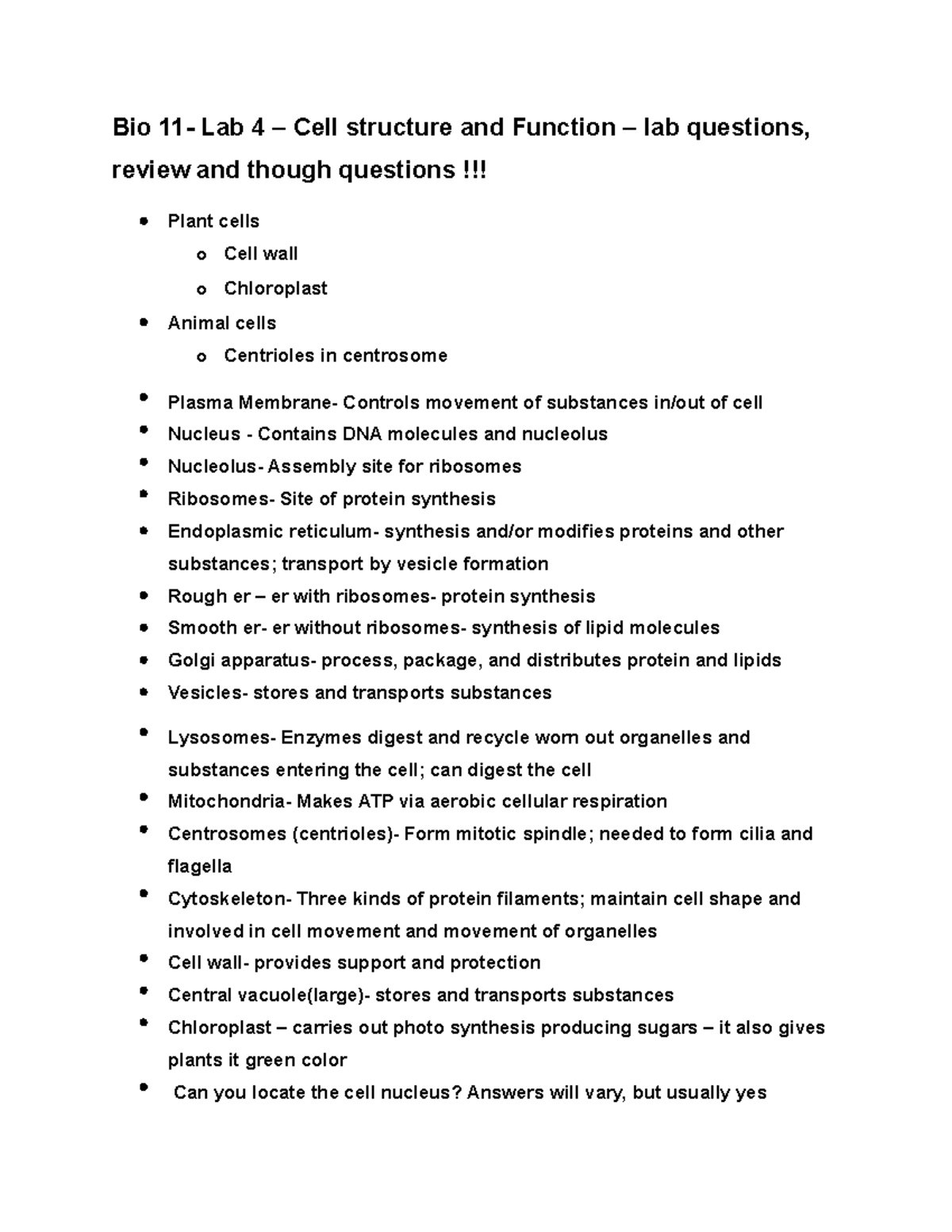 Bio 11- Lab 4 -cell Stucture And Function - Bio 11- Lab 4 – Cell ...