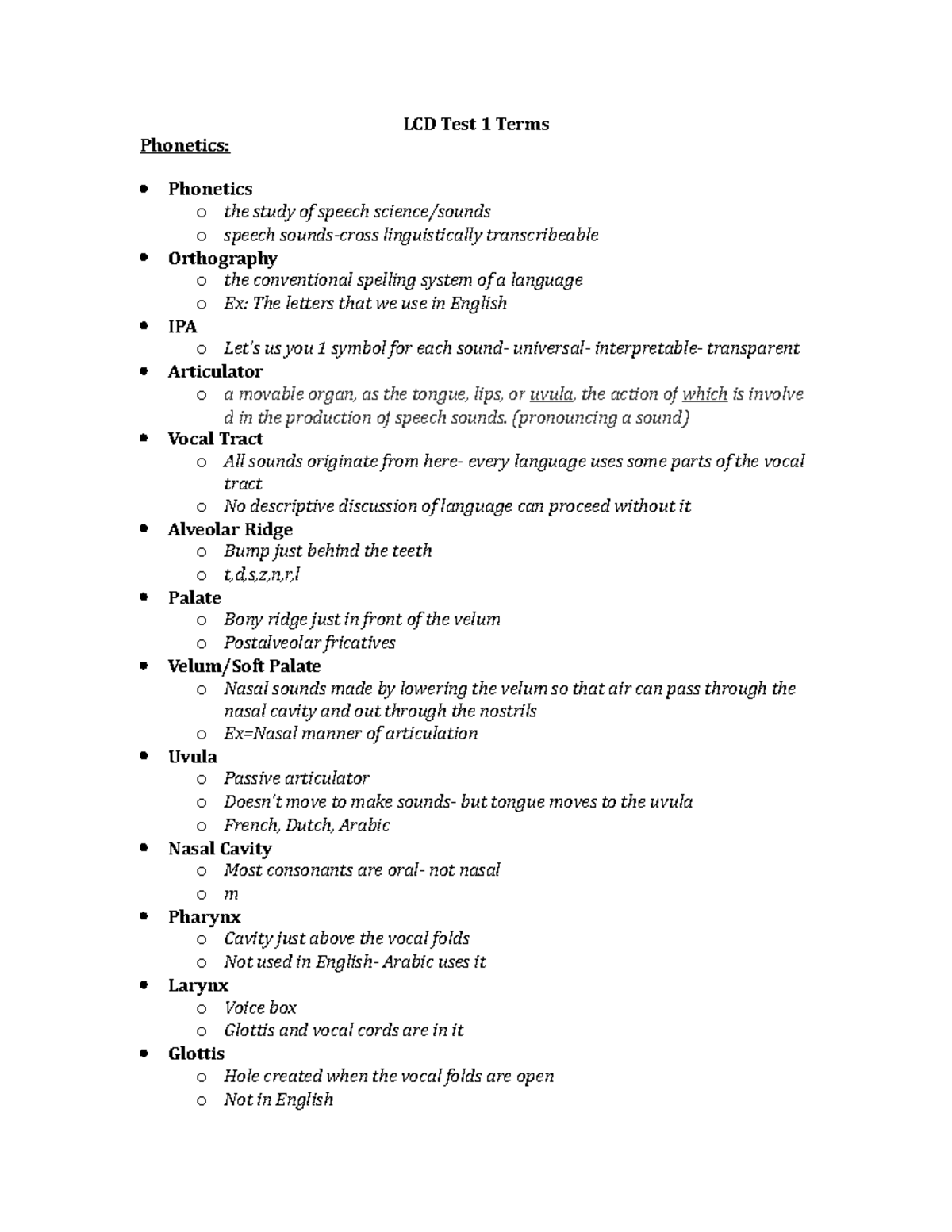 (15) Test 1 Terms - LCD Test 1 Terms Phonetics: Phonetics o the study ...