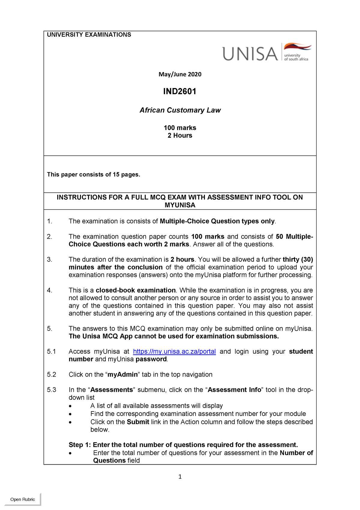 IND2601 - MEMO FOR THE MAY/JUNE EXAM FOR AFRICAN CUSTOMARY LAW 2019 - 1 ...