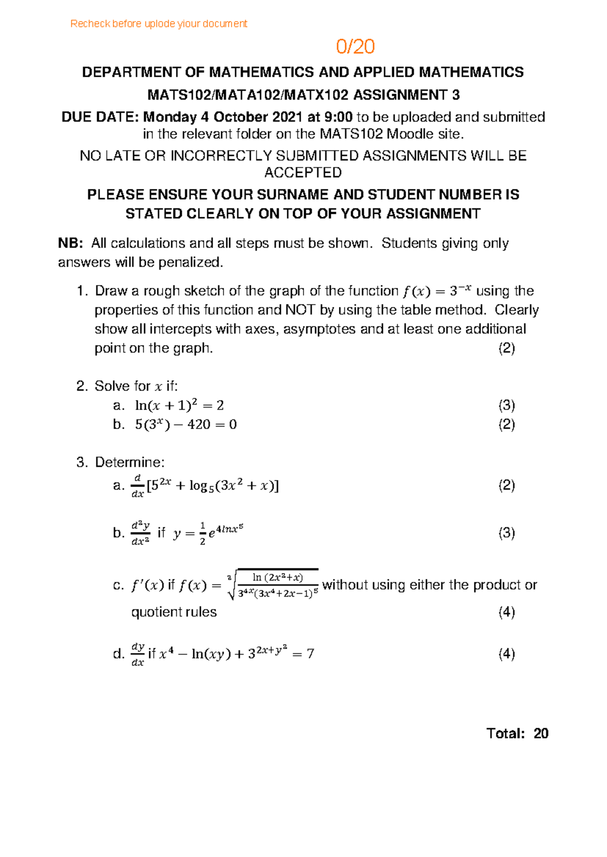 MATS102 Assignment 3 - DEPARTMENT OF MATHEMATICS AND APPLIED ...