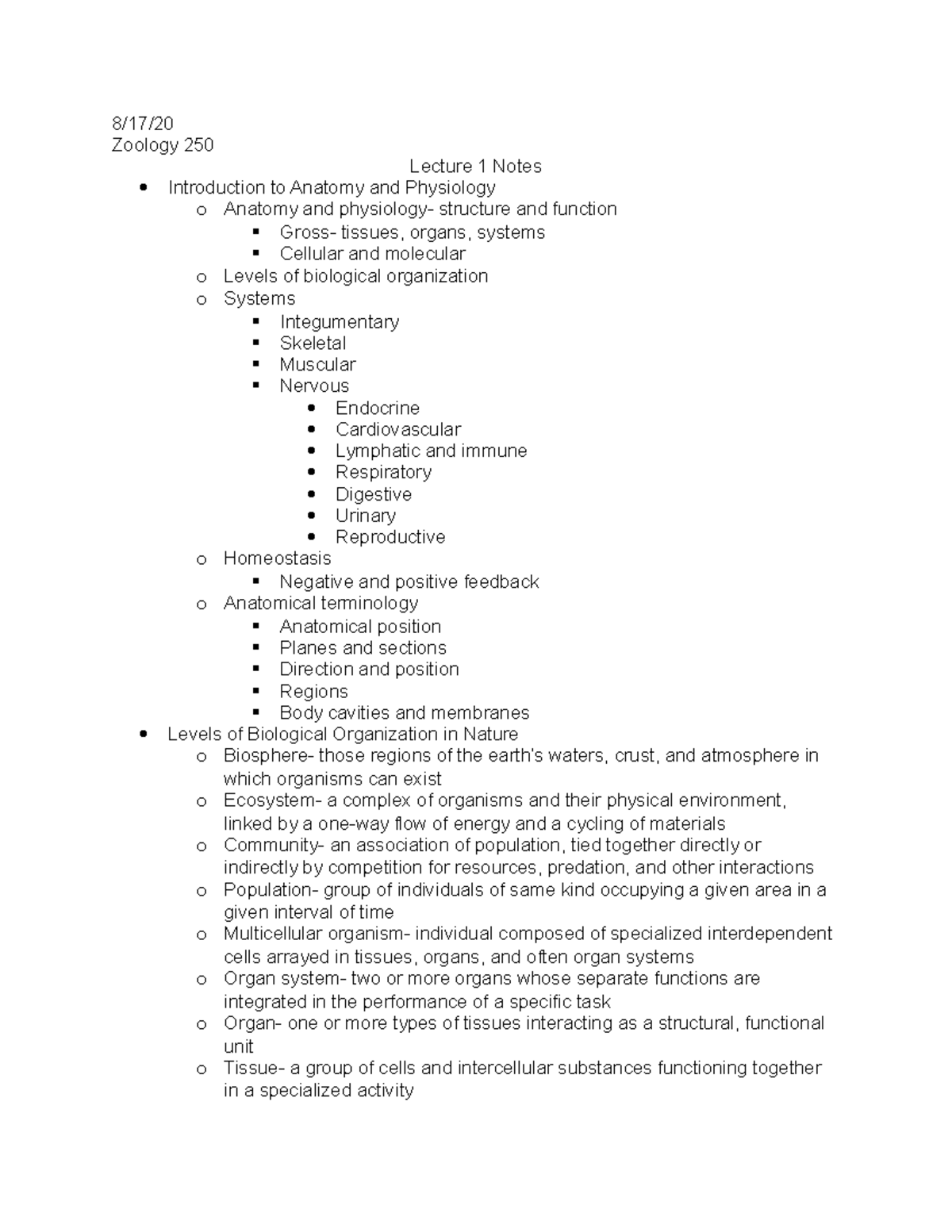 Lecture 1 Notes Intro to Anatomy and Physiology - 8/17/ Zoology 250 ...