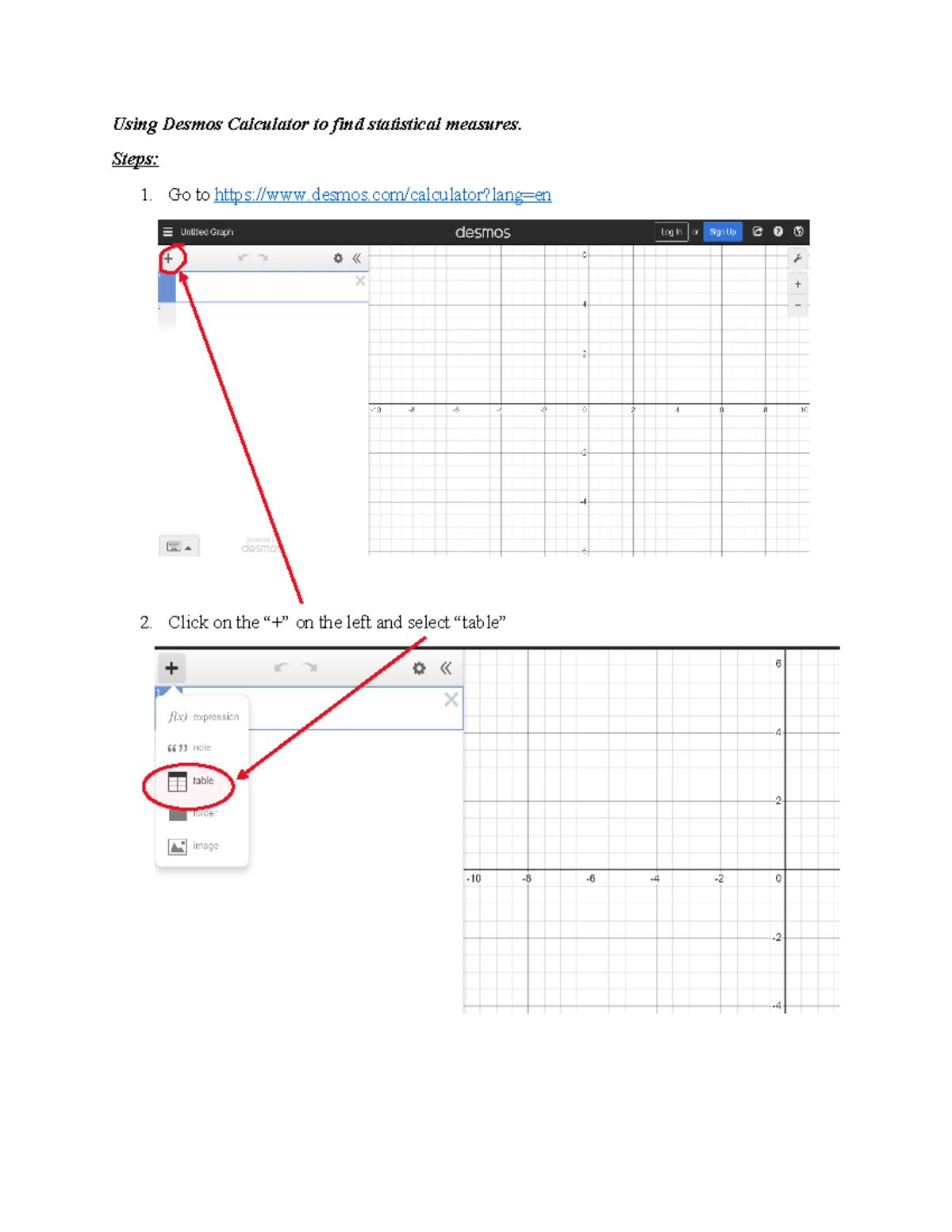 Using Desmos Calculator to find statistical measures MAT144 Steps