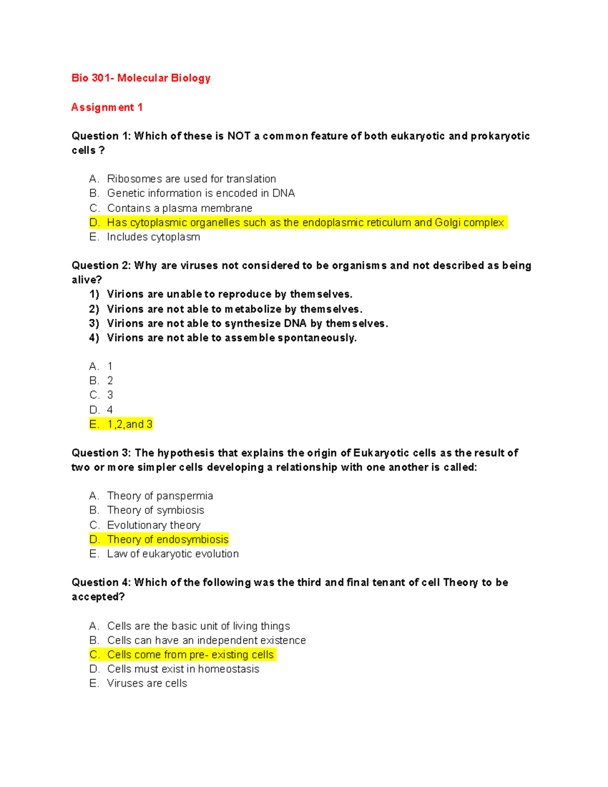 Assignment 1 Recap Bio 301 Molecular Biology Assignment 1 Question 1
