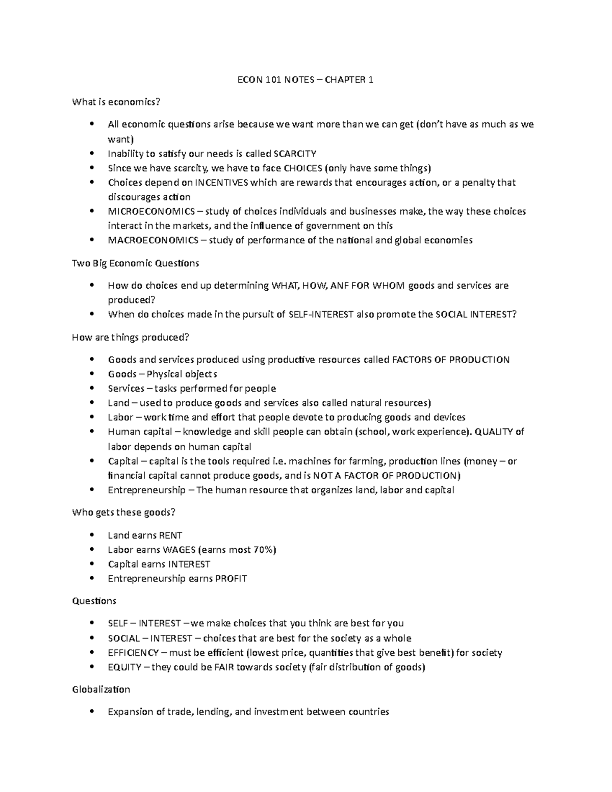 ECON 101 Notes - ECON 101 NOTES – CHAPTER 1 What is economics? All ...