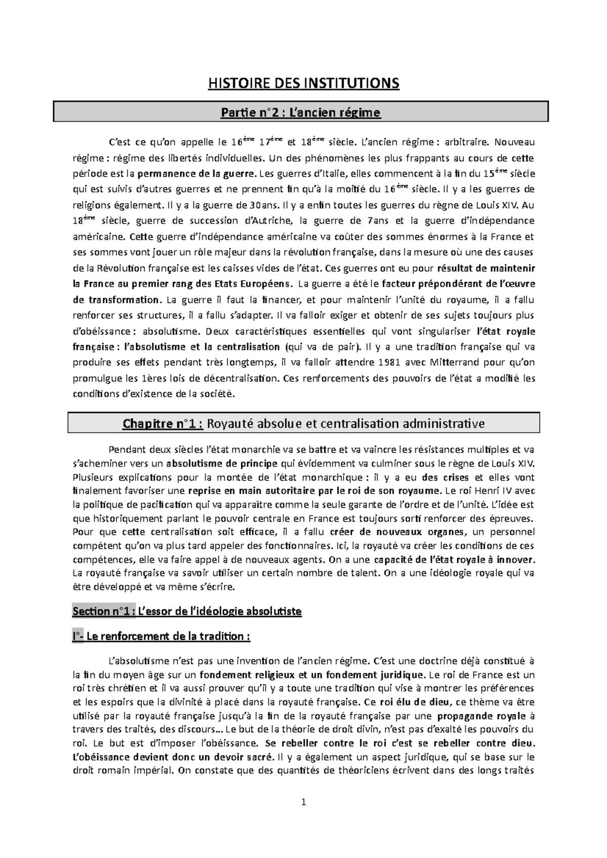 Chapitre n°1 Royauté absolue et centralisation administrative