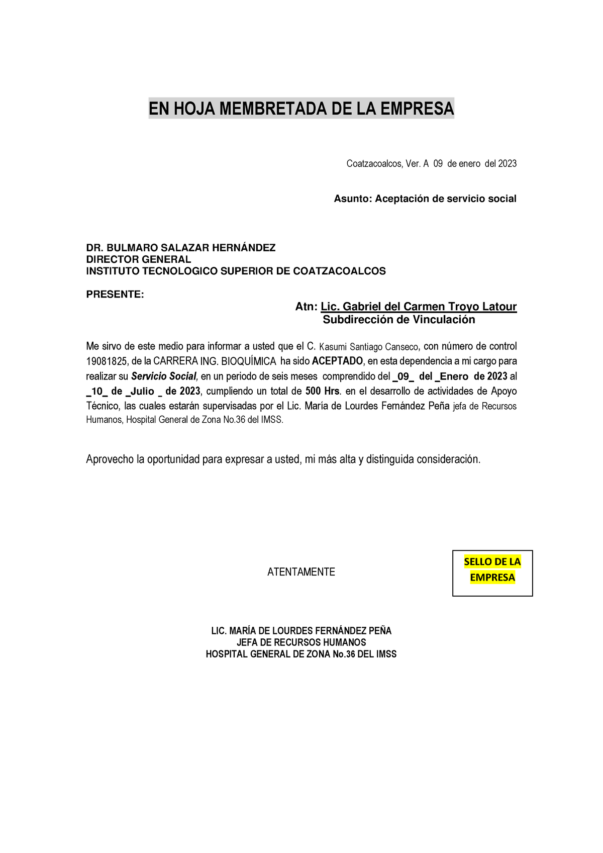 Ejemplo De Carta De Aceptacion De Servicio Social Eje 3070
