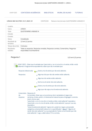 Lógica - Questionário Unidade I - ADS - UNIP 2023 - Pergunta 1 0,25 Em ...