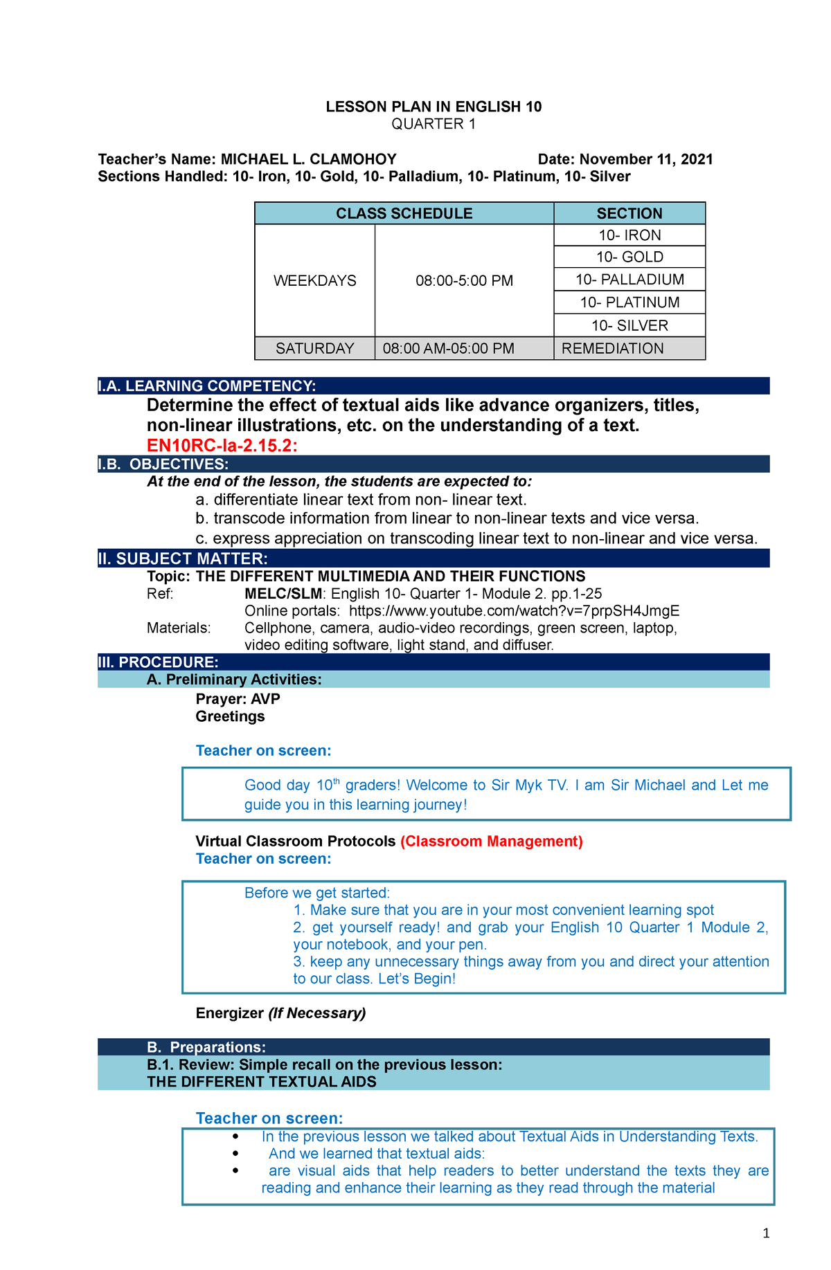 English 10 COT LP Quarter 1 Sy2122 LESSON PLAN IN ENGLISH 10 QUARTER 