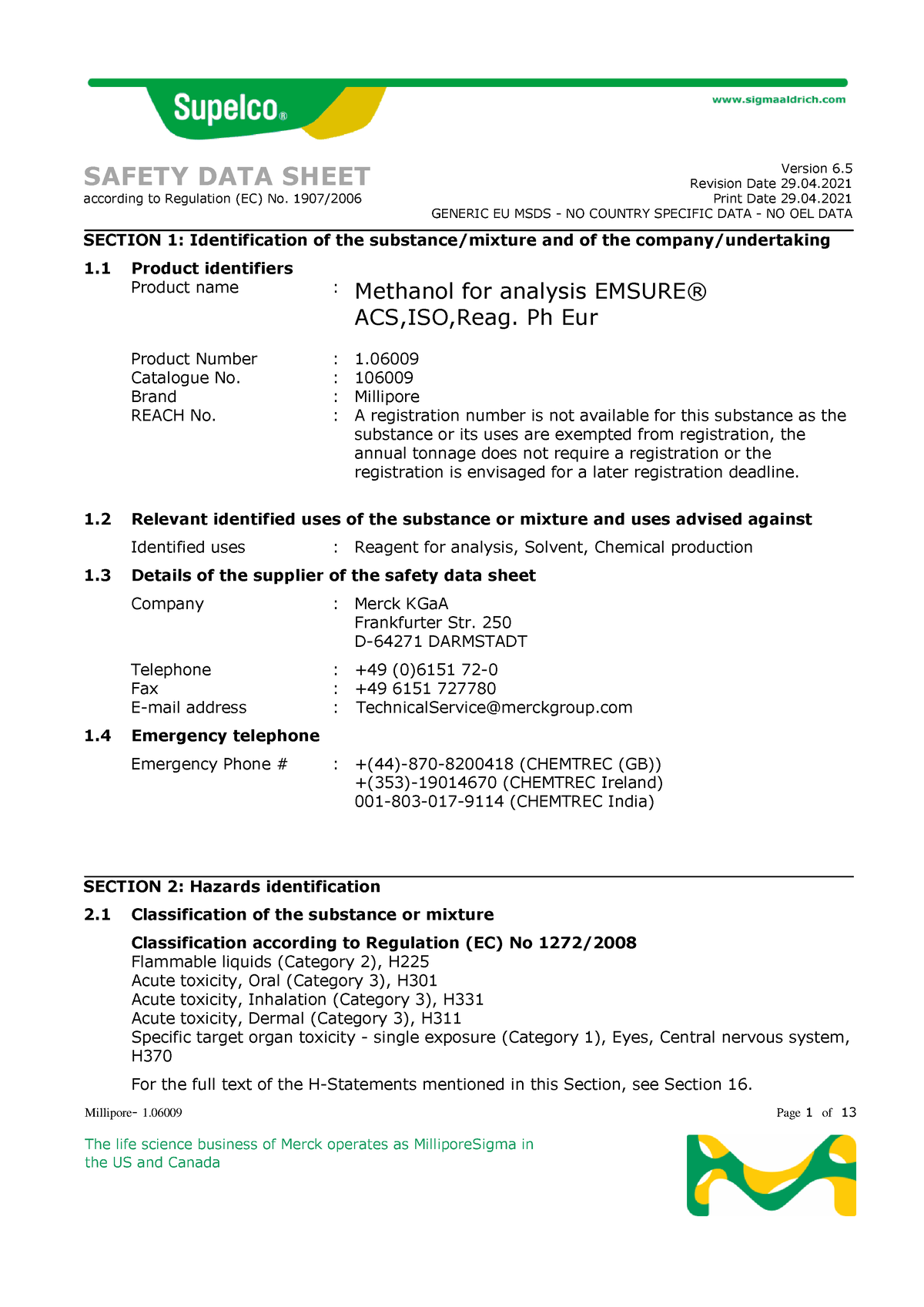 Methanol - msds - Millipore- 1 Page 1 of 13 The life science business