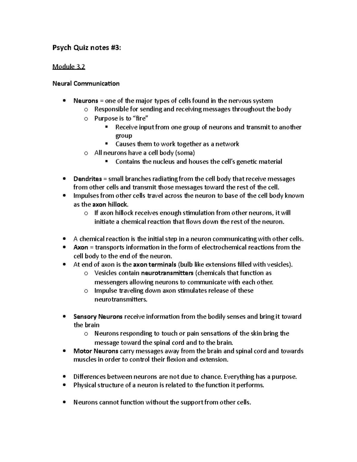 PSYC1000 - Quiz 3 Notes - Psych Quiz Notes #3: Module 3. Neural ...