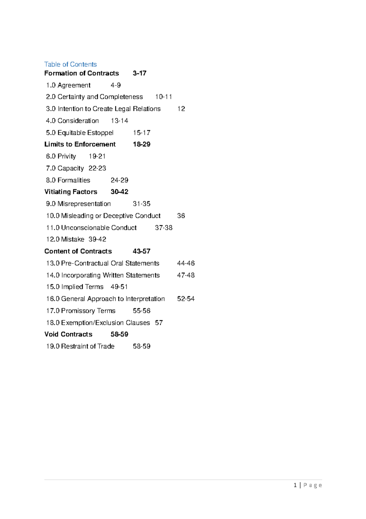 LLB202 Contract Law Notes Draft - Table of Contents Formation of ...