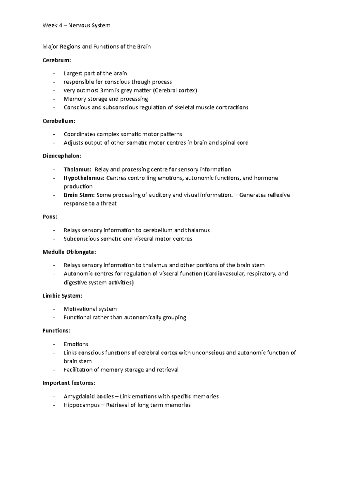 Week 4 - Nervous Lecture Notes for first year - Week 4 – Nervous System ...