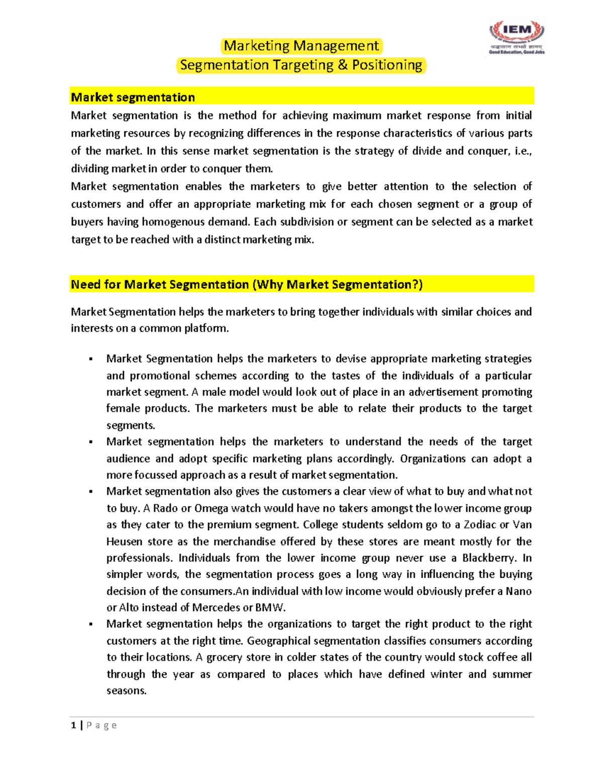 Study Material Segmentation Targeting Positioning - Marketing ...